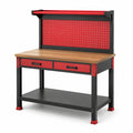 Établi en métal avec plateau en bois et panneau perforé rouge