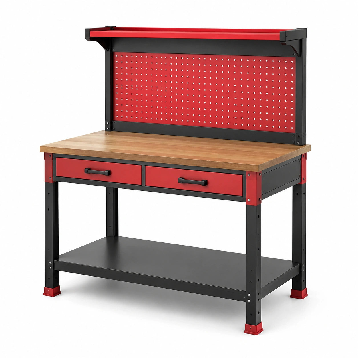Établi en métal avec plateau en bois et panneau perforé rouge