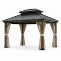 Pavillon en bois et métal avec toit et rideaux beige 350 cm x 350 cm