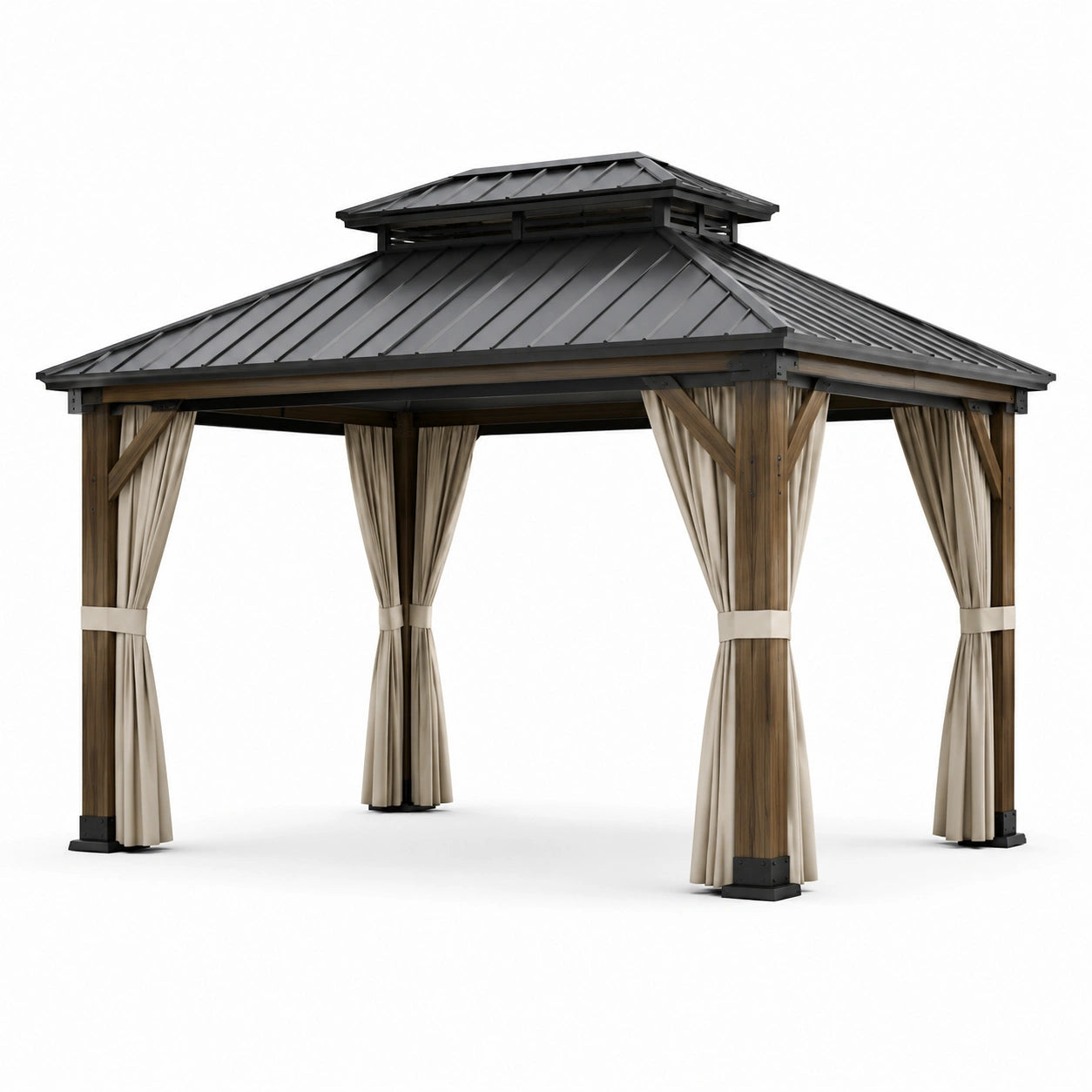 Pavillon en bois et métal avec toit et rideaux beige 350 cm x 350 cm
