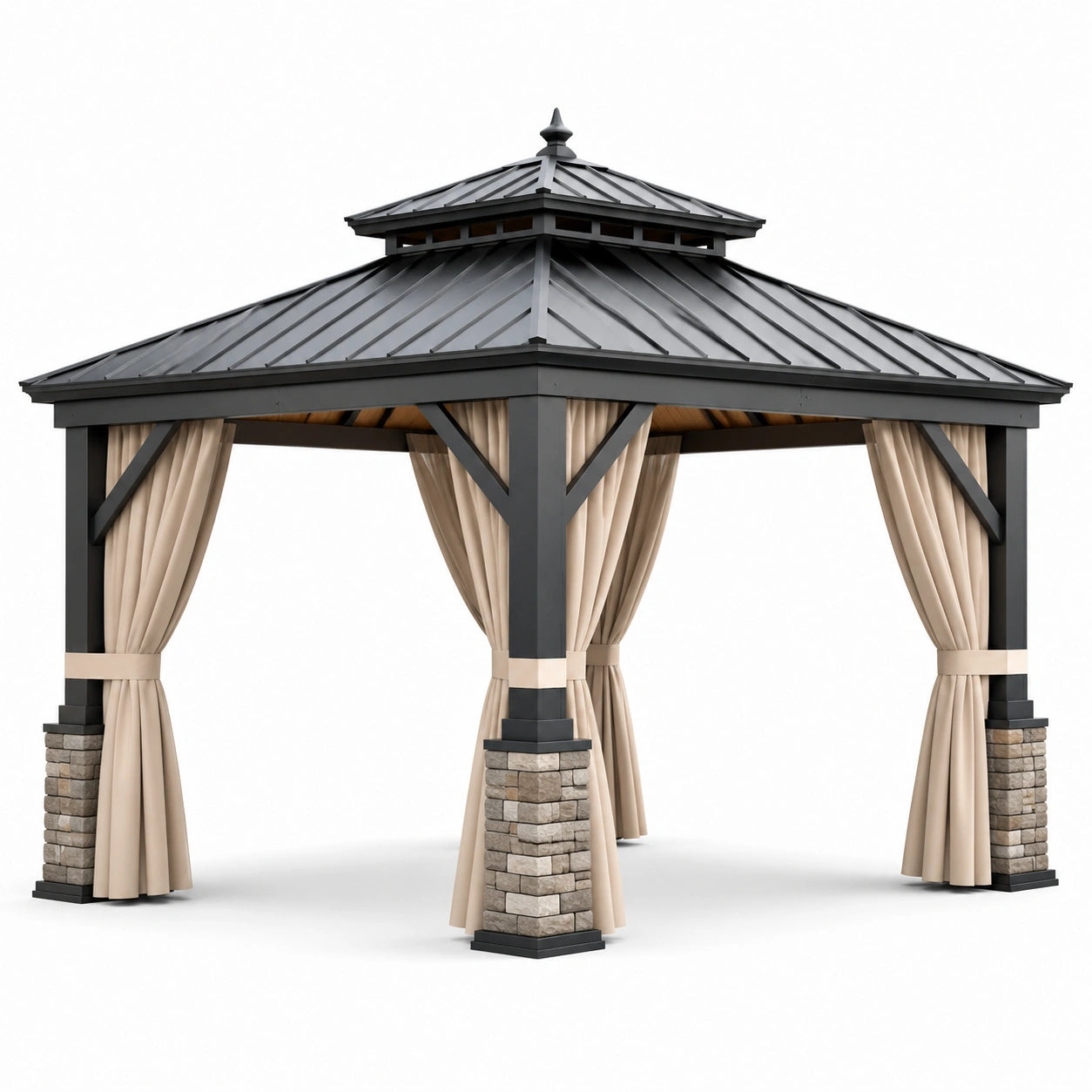 Pavillon en métal avec rideaux en polyester beige et piliers en pierre 300x300 cm