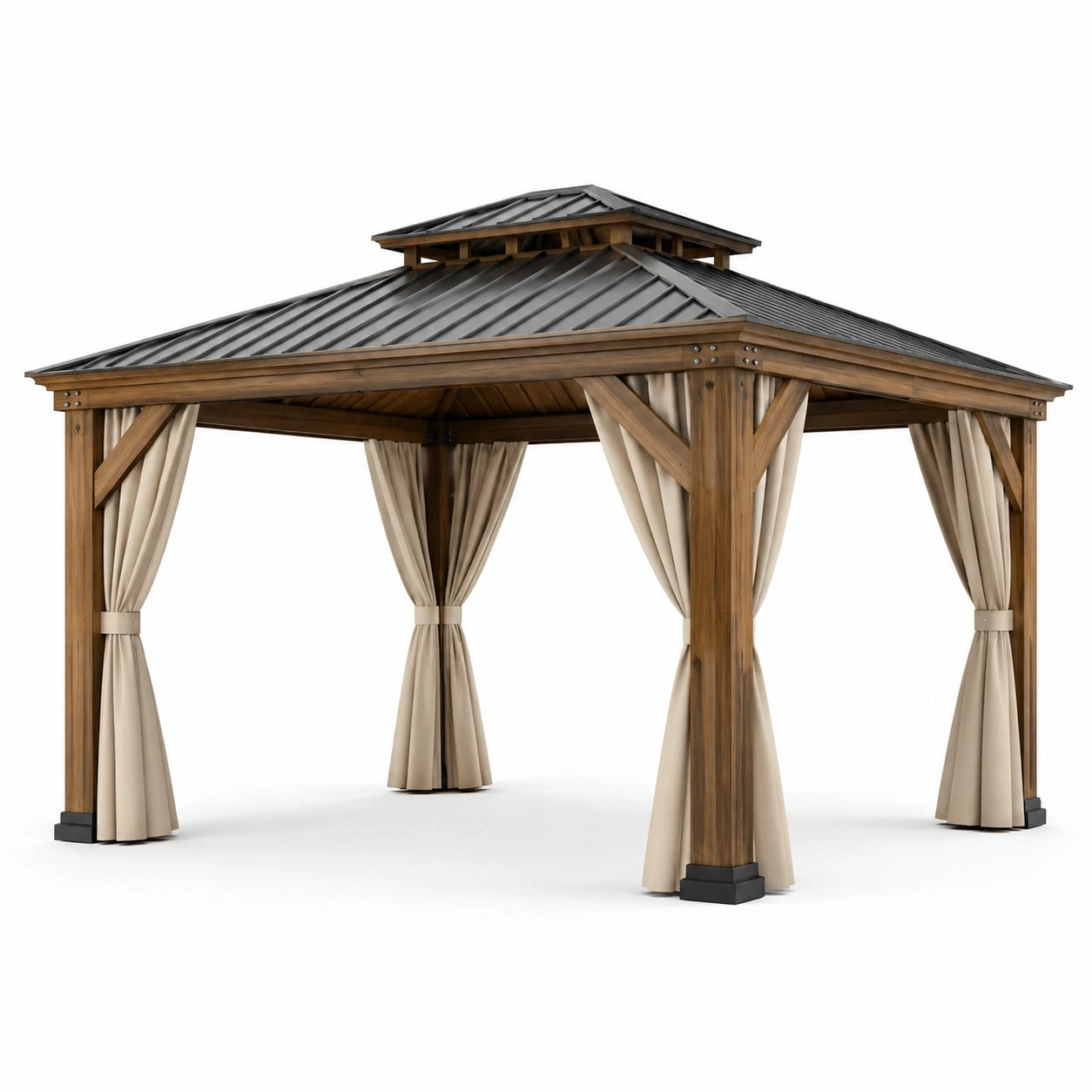 Pavillon en bois avec toit métallique et rideaux en polyester beige