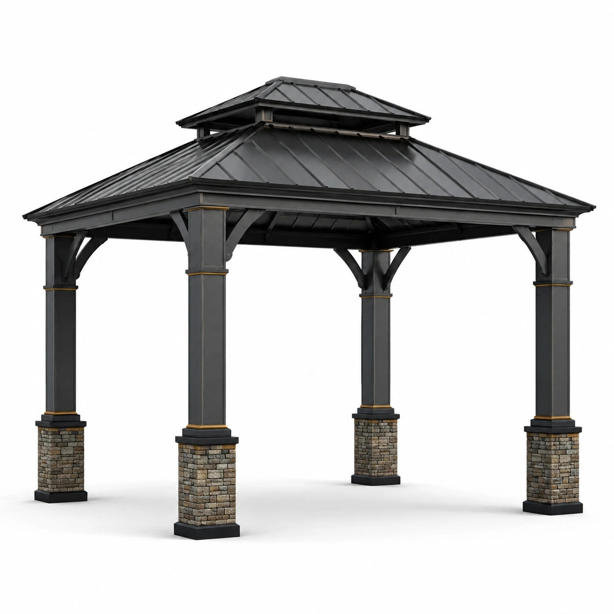 Pavillon de jardin en acier avec toit double couche et base en pierre