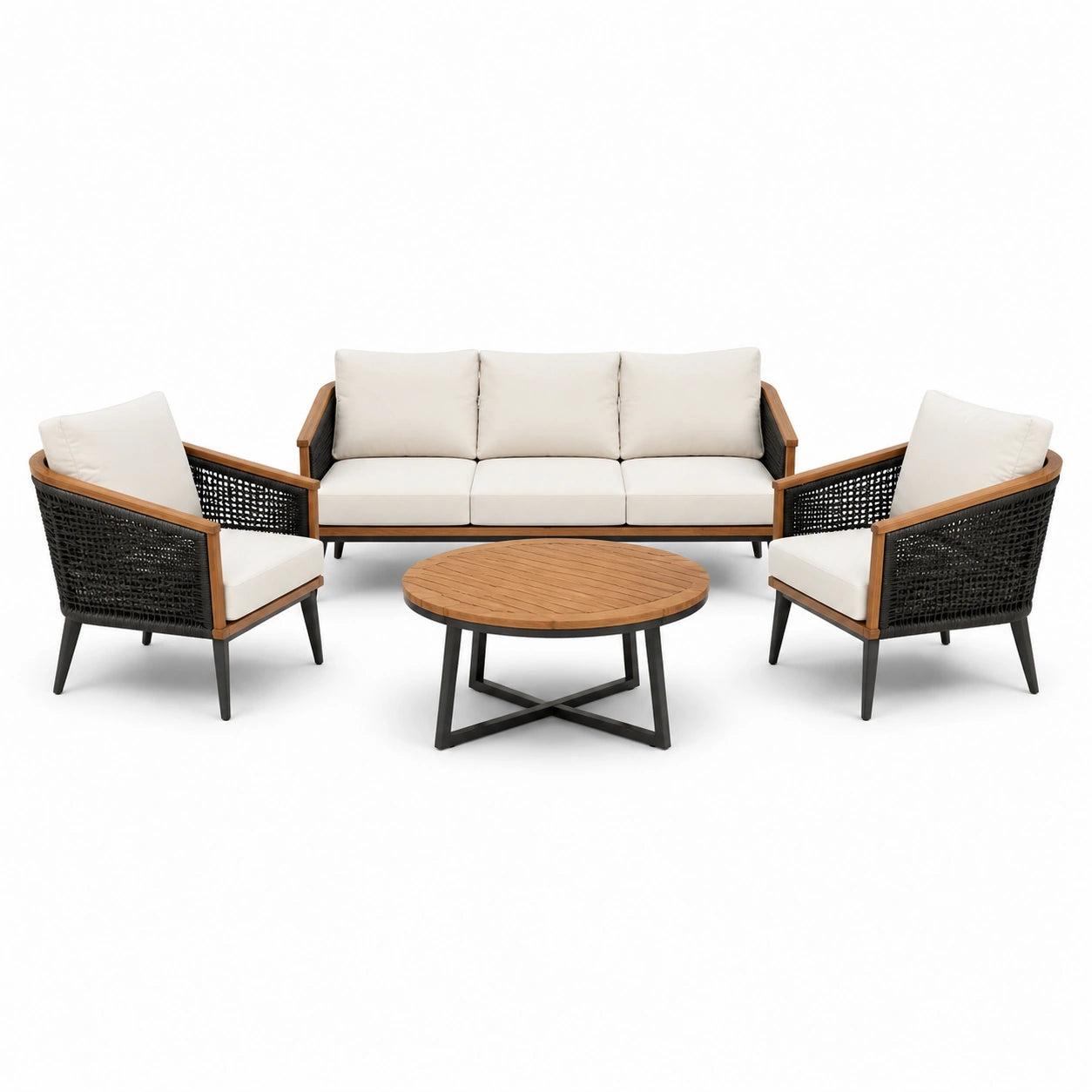 Ensemble de mobilier de jardin en aluminium, résine et teck avec coussins crème