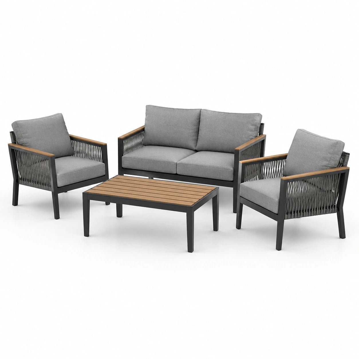 Ensemble de mobilier de jardin en aluminium et bois avec coussins gris