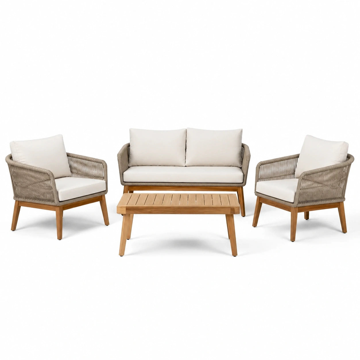 Ensemble de mobilier d'extérieur en bois et corde avec canapé 2 places et table basse