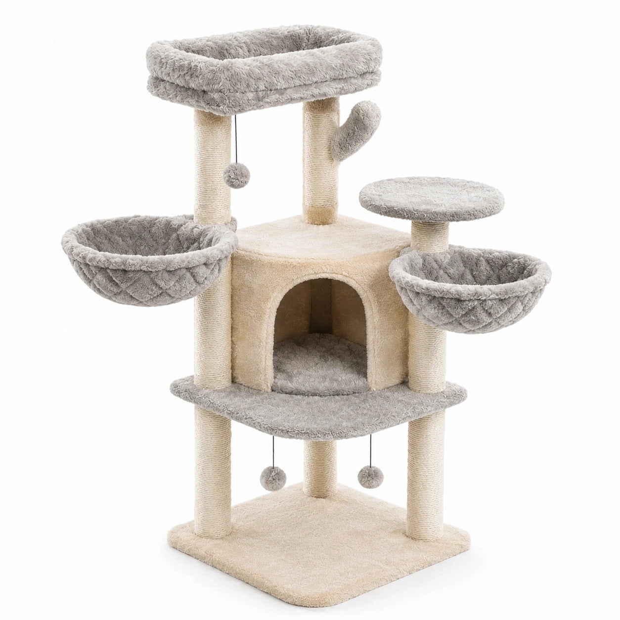 Arbre à chat en bois sisal et peluche polyester beige/gris avec hamacs