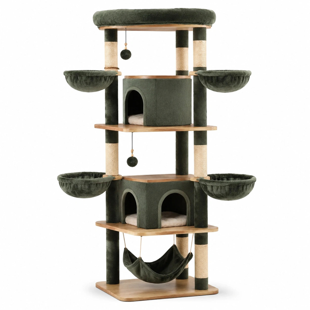 Arbre à chat en bois avec plateformes et niches en peluche verte, 180 cm