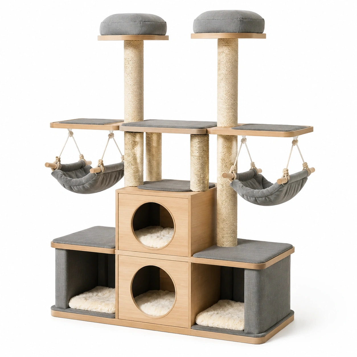 Arbre à chat en bois avec hamacs et plateformes en gris