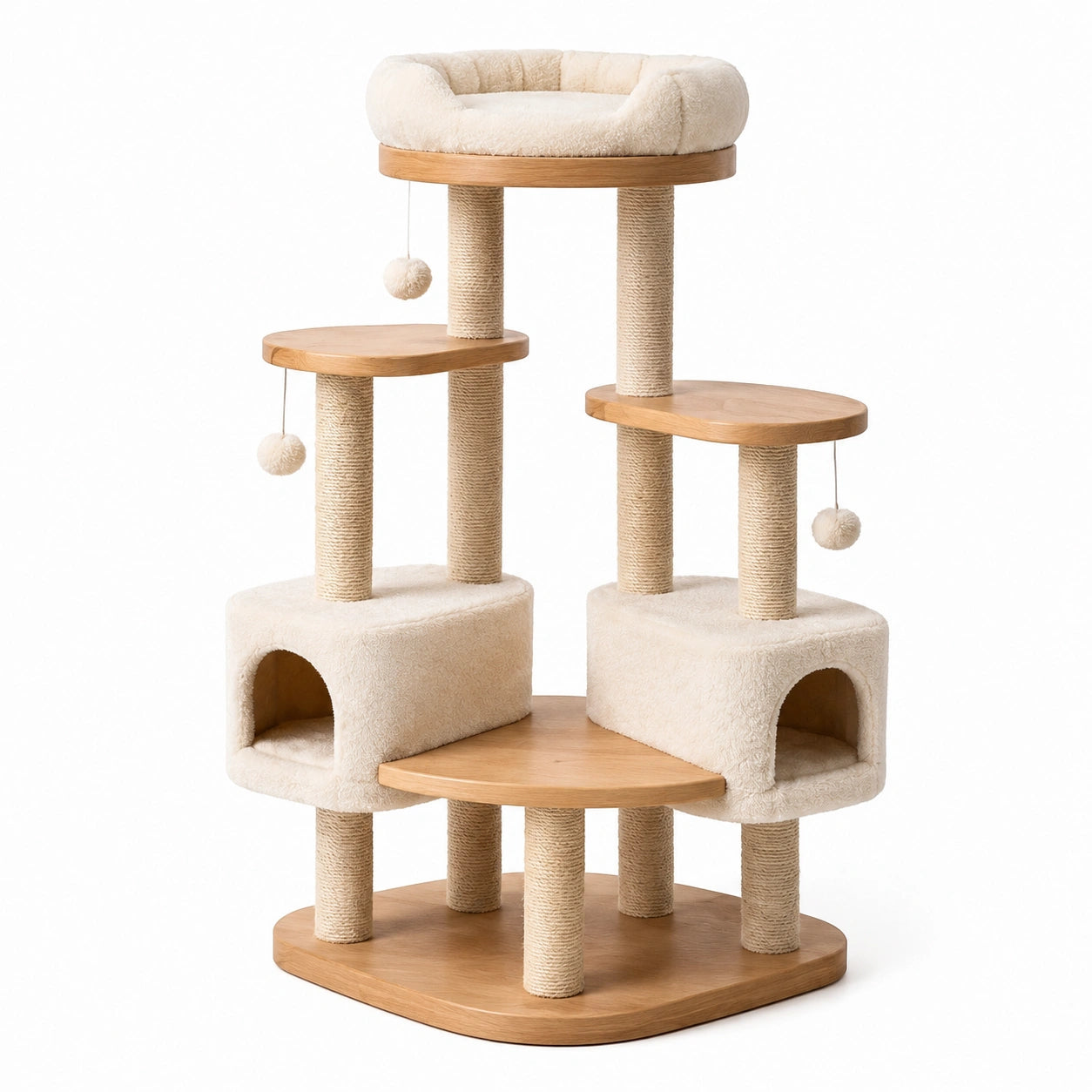Arbre à chat en bois et sisal avec plateformes en peluche beige