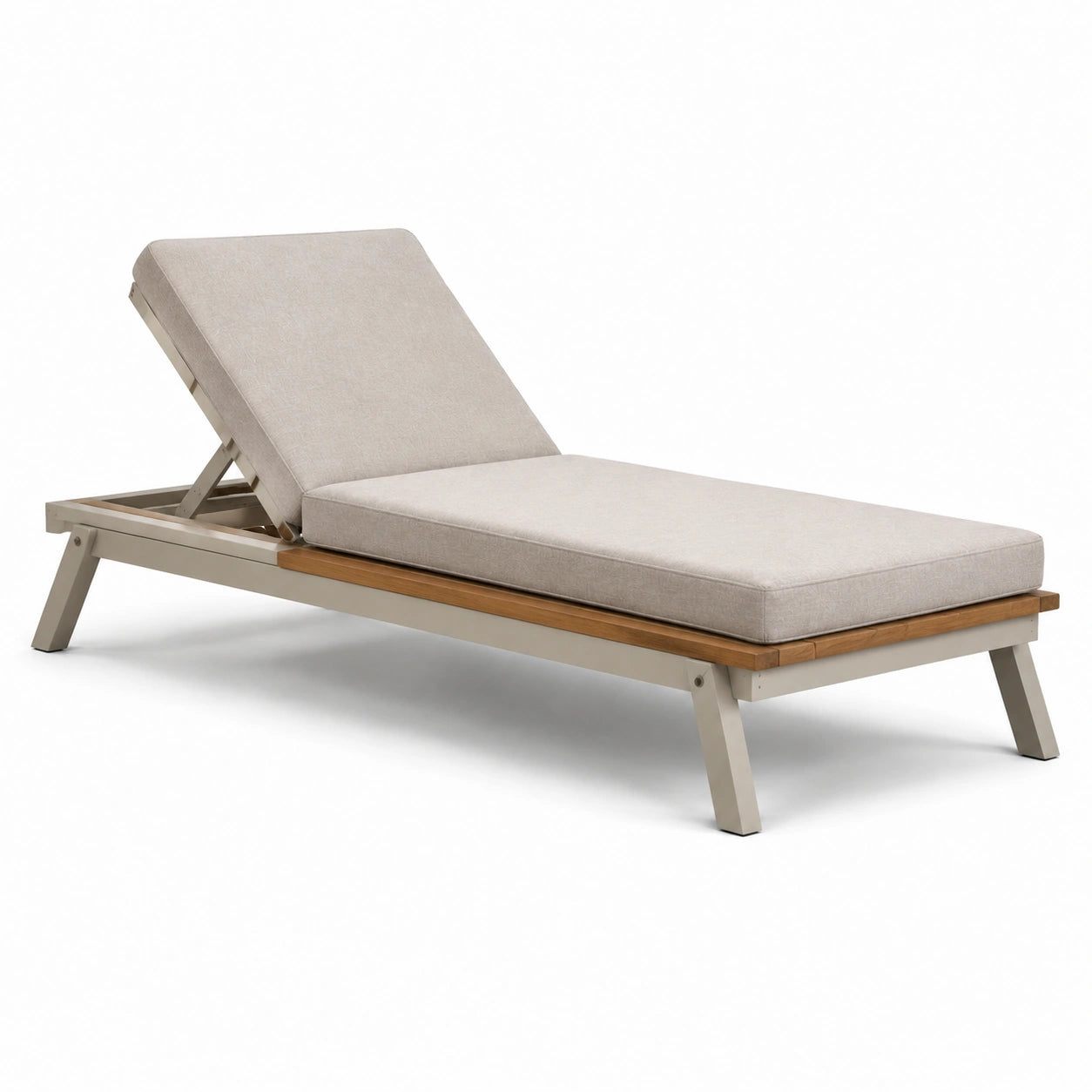 Chaise longue de jardin en métal et bois avec coussin beige