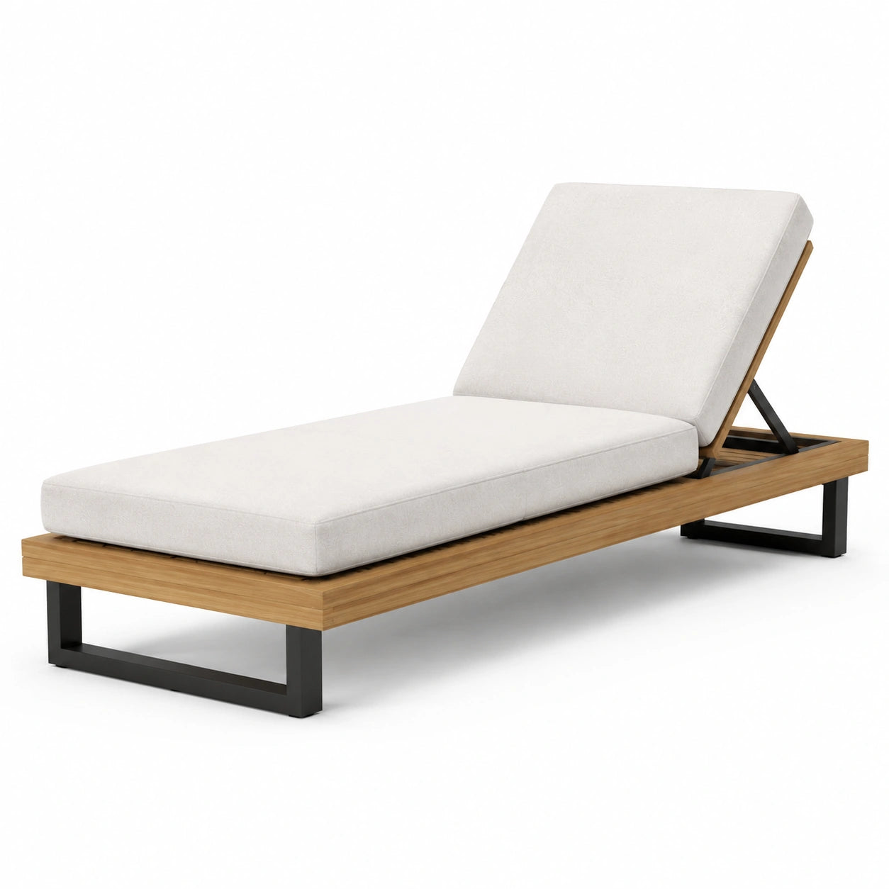 Chaise longue d'extérieur bois et métal avec coussins en tissu beige
