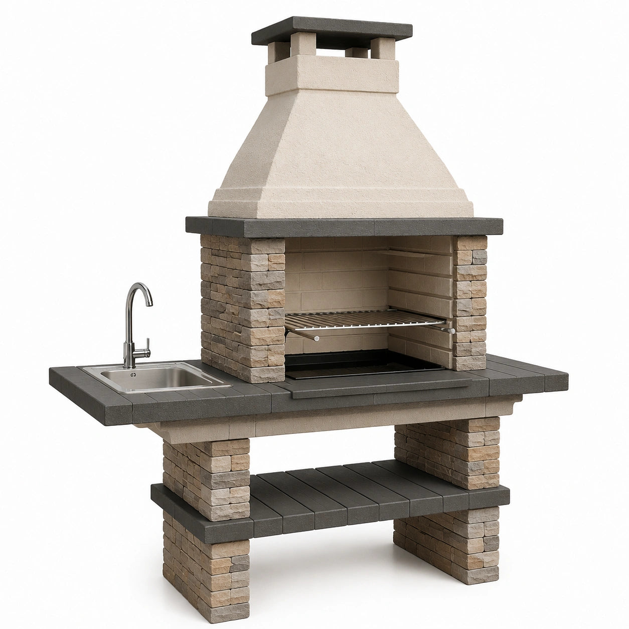 Barbecue en pierre avec évier et grille en acier inoxydable, gris/beige, 150x70x210cm