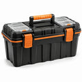 Boîte à outils en plastique noir et orange avec compartiments