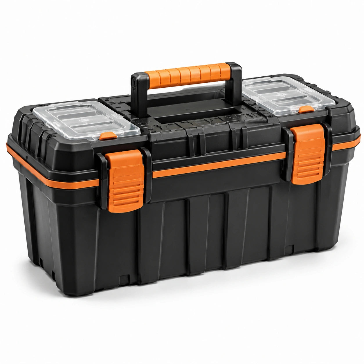 Boîte à outils en plastique noir et orange avec compartiments