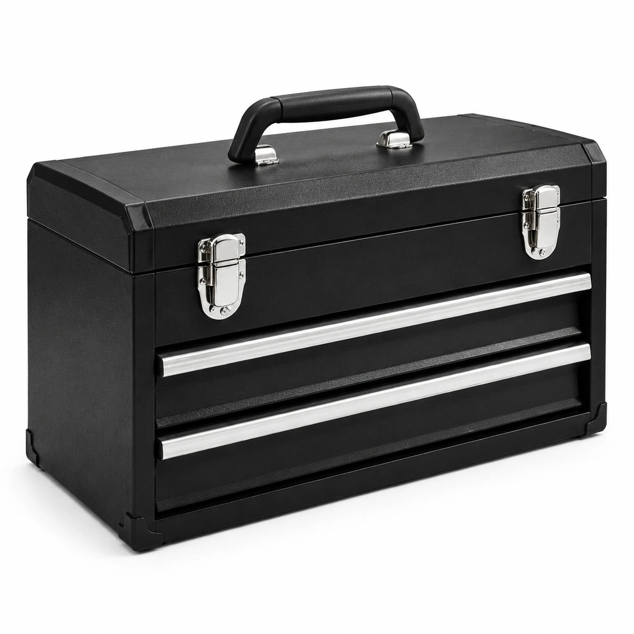 Boîte à outils en métal noir avec deux tiroirs