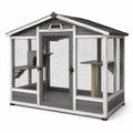 Enclos pour chat en bois avec toit en métal et grillage gris/blanc