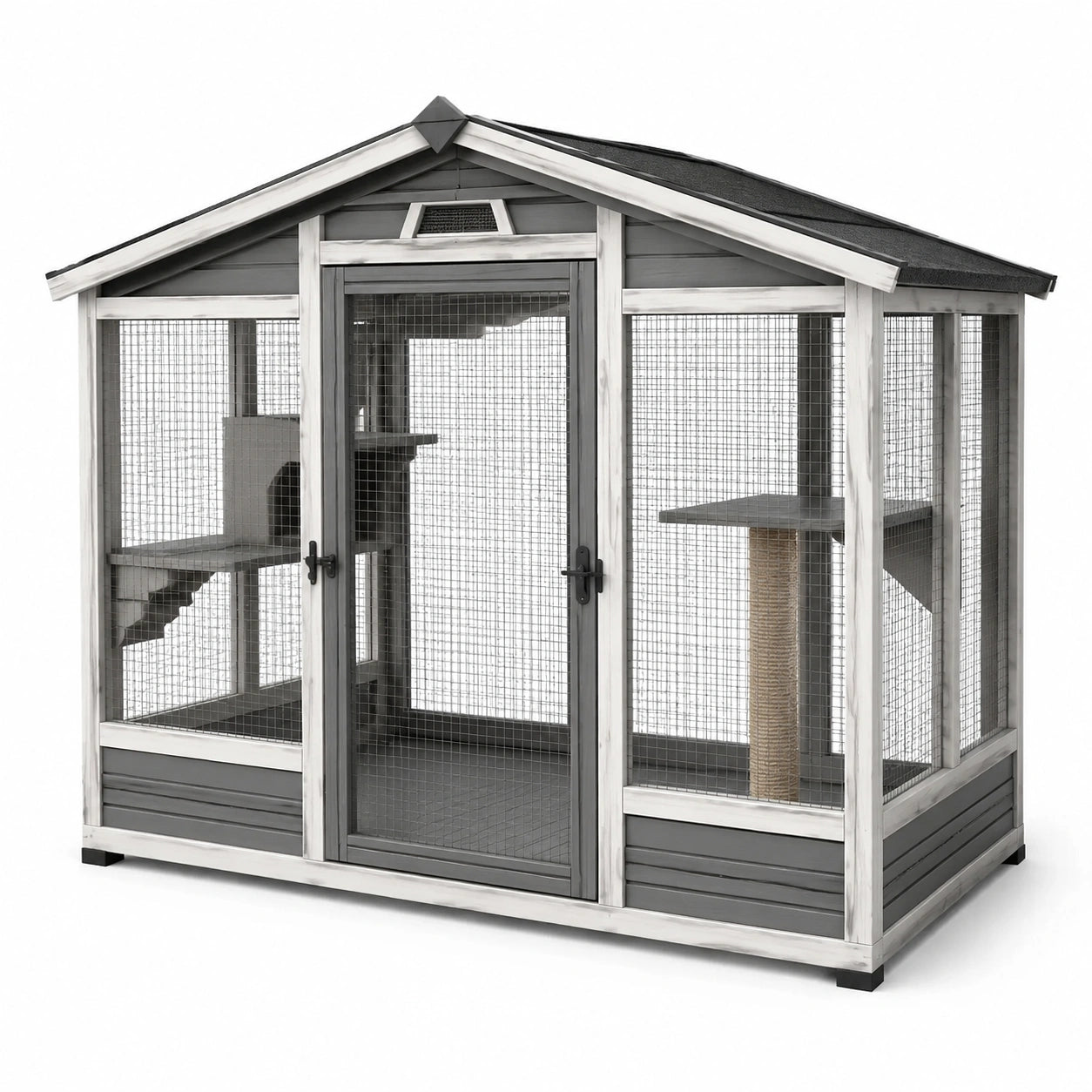 Enclos pour chat en bois avec toit en métal et grillage gris/blanc