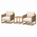 Ensemble de jardin: 2 fauteuils en bois et corde avec coussins beiges + table basse en bois
