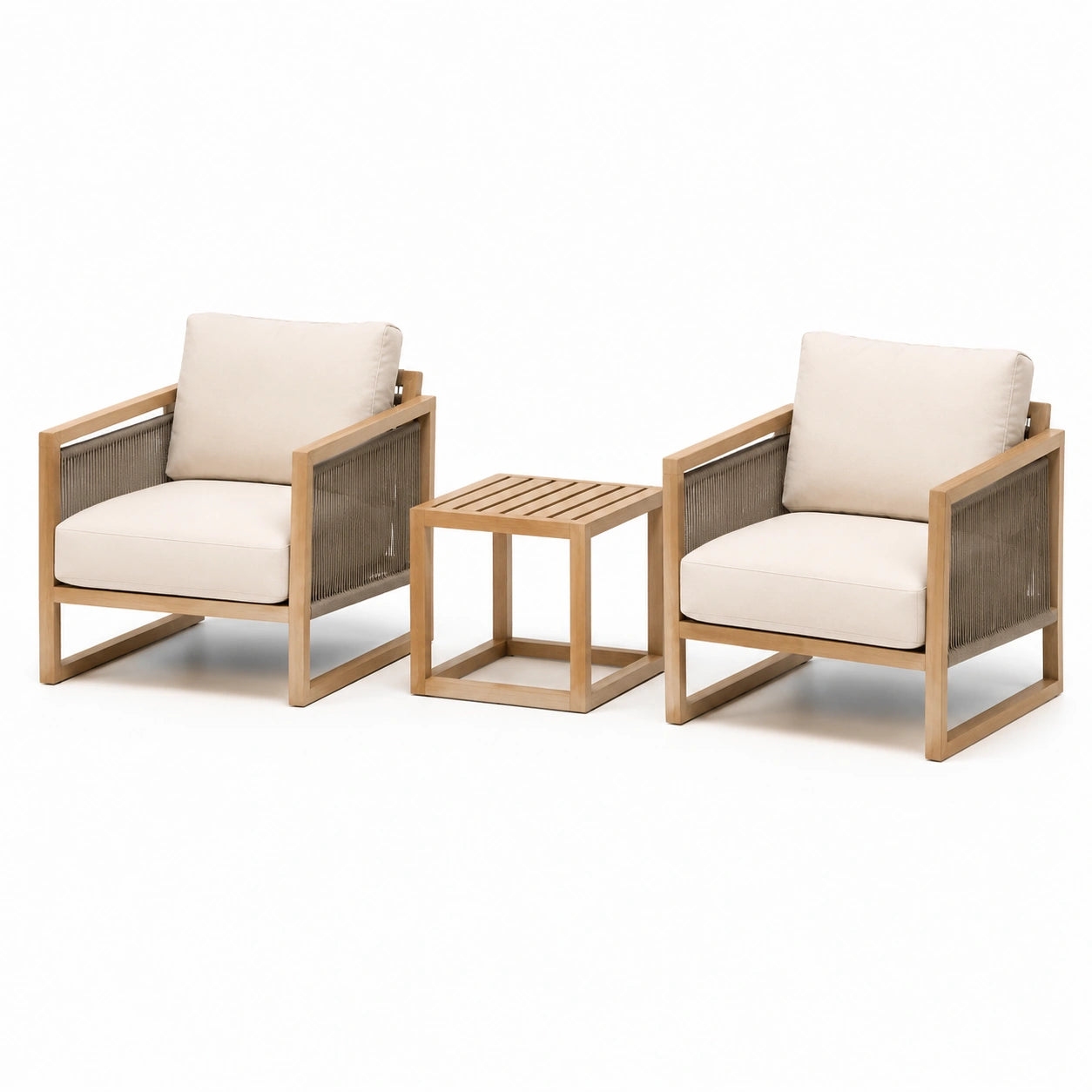 Ensemble de jardin: 2 fauteuils en bois et corde avec coussins beiges + table basse en bois