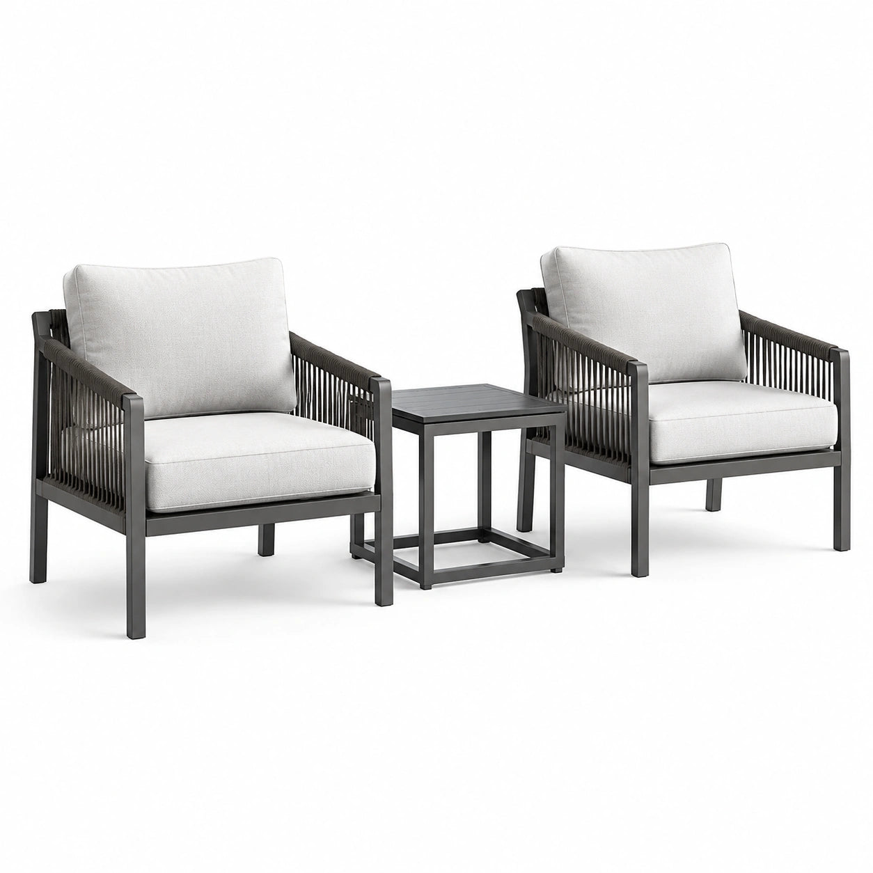 Ensemble de salon en aluminium avec fauteuils et table basse en polyester gris