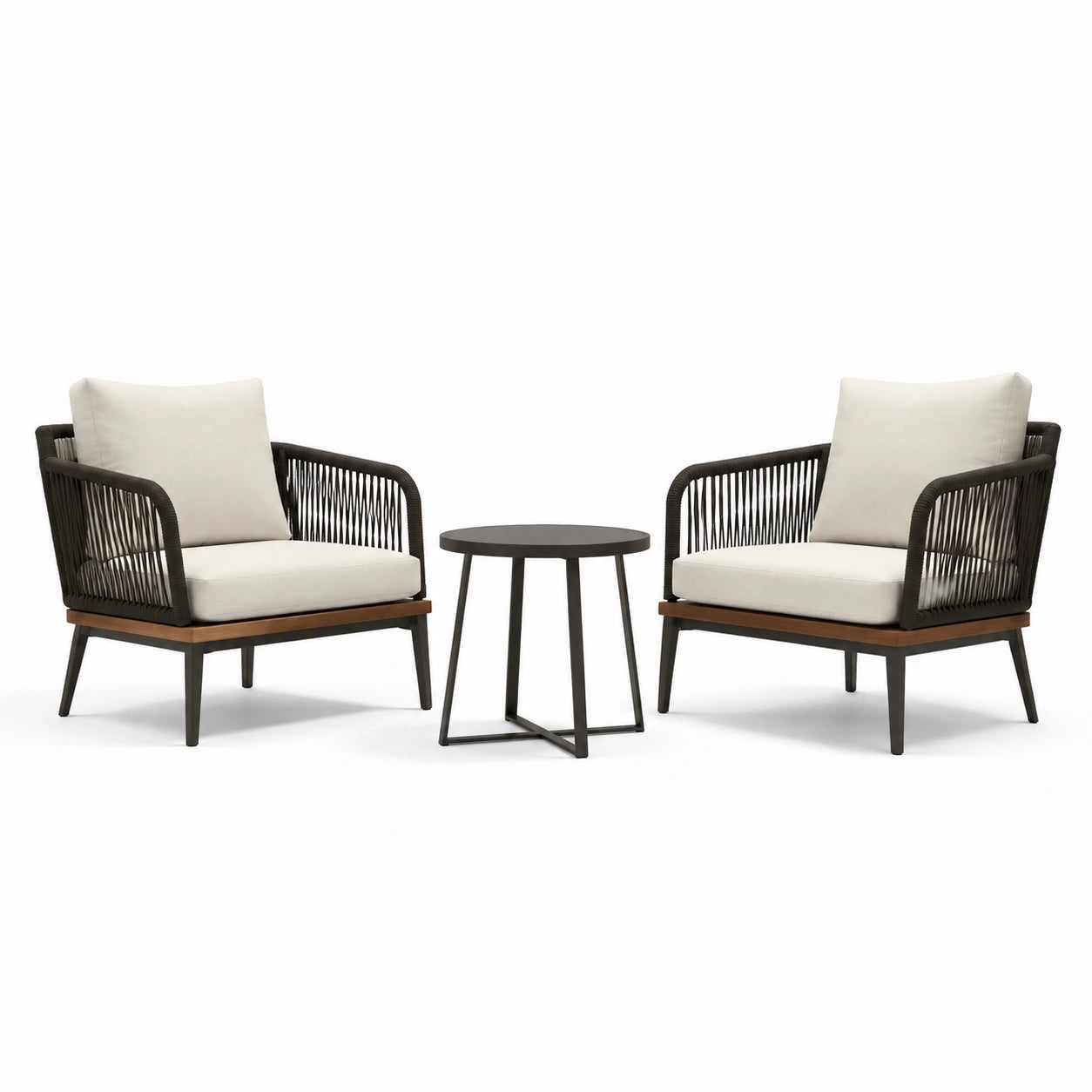 Ensemble de salon d'extérieur avec 2 fauteuils en corde et table ronde en métal noir