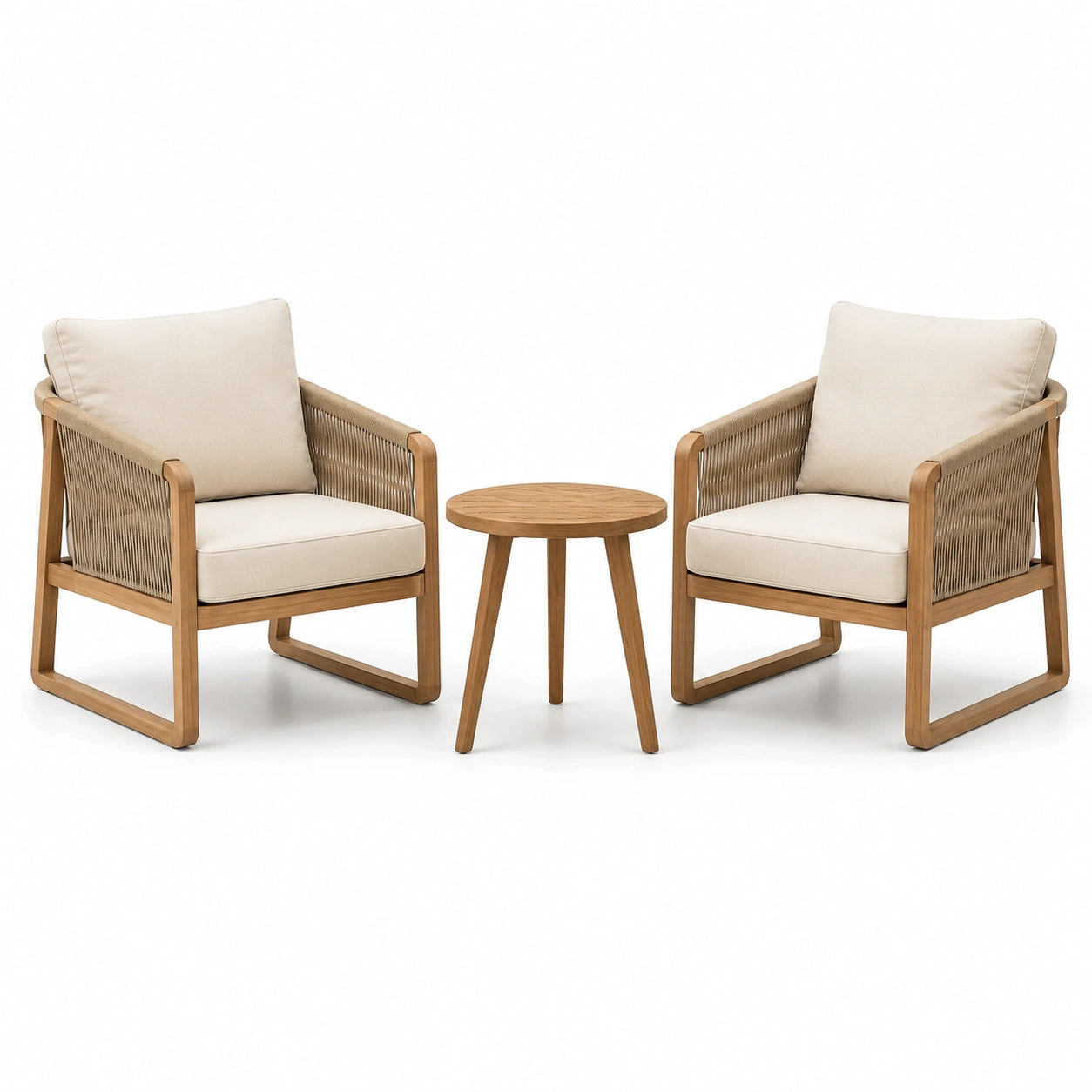 Ensemble en bois de teck avec deux fauteuils et une table ronde