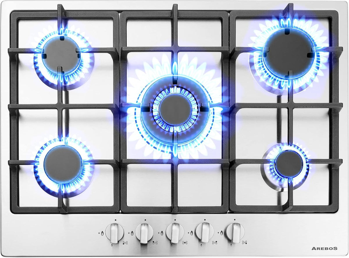 Arebos cuisinière, acier inoxydable, à gaz, gaz naturel, propane, 5 feux