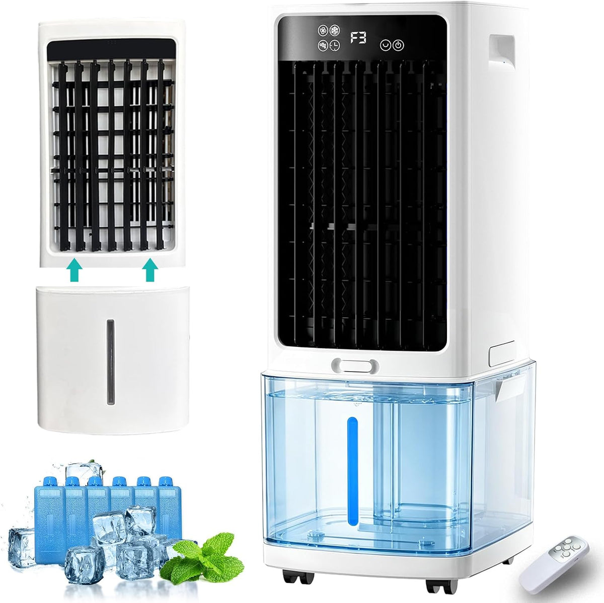 AnYaBinni 3-en-1 Climatiseur, 3-en-1 Ventilateur & Humidificateur avec Télécommande, 75 W, 12L, 800 m3/h, 800 m3/h Puissant portable