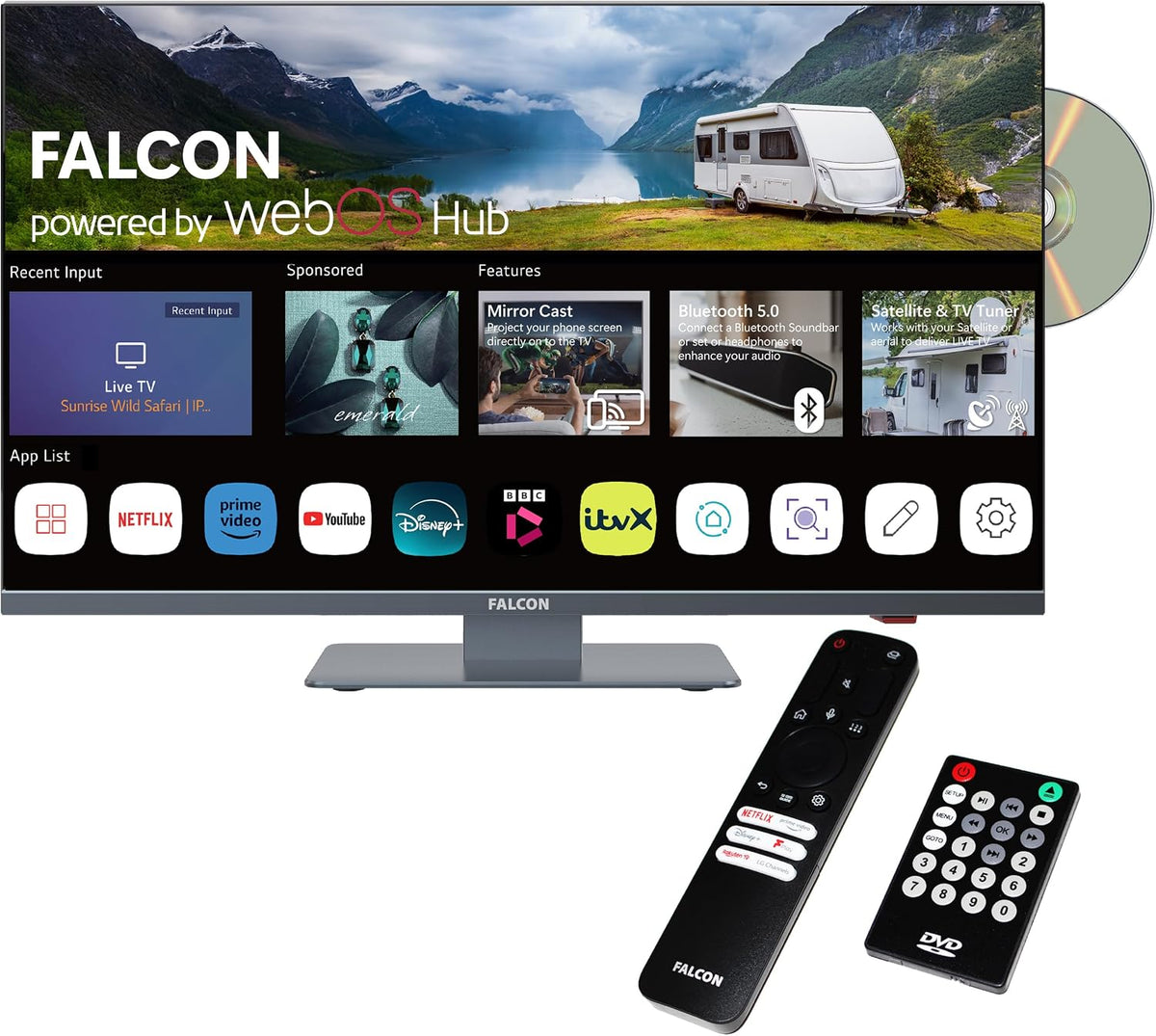 12 V, Bluetooth 5.0, 24 V, 240 V, Lecteur DVD intégré 12 V/24 V/240 V, 2 x USB, Freesat 3 x HDMI, Téléviseur, FALCON WORLD CLASS TECHNOLOGY